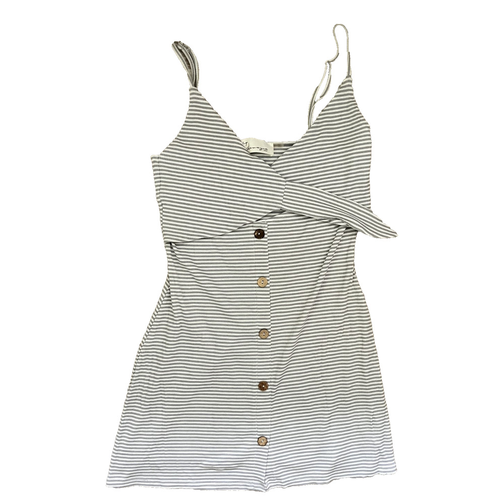 Women's Vintage Havana Size Large Gray White Striped Front Tie Dress Sleeveless